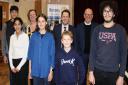 Young musicians Josh, Ankhan, Mariia, Jonas and Thomas are pictured with Lois Sparkes, Dunmow Rotary Youth Chair and President-elect, along with judges James Cairns and Philip Sunderland