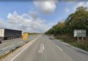 The A14 is partially closed after a crash between a car and a lorry