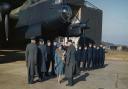 Queen Elizabeth, the future Queen Mother, inspecting Lancaster bomber crews on a visit to RAF Warboys.