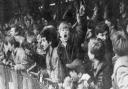 Supporters in the Lerowe Road end shelter celebrating Wisbech'’s first goal against Collier Row in an FA Vase quarter-final.