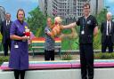 Dr David Staples presents the three millionth bear to Jackie James. From left: Mark Constant, Jo Bennis, Jackie James, Dr Staples and Arthur Briggs.