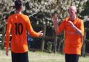 Jon Bartlett (right) celebrates after scoring for Witchford 96 against Bluntisham Rangers in the Cambridgeshire County League Senior Cup.