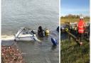 The rescue at Twenty Pence Marina, Wilburton (right) and sunken boat retrieved at Little Thetford