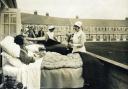 Patients beds on one of the hospital balconies.