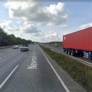 The A14 has one lane closed after a crash involving a car and two lorries