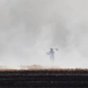 A firefighter battles a blaze on a farm next to the A11 in Cambridgeshire