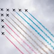 The Red Arrows perform a flypast during Armed Forces\' Day at the National Memorial Arboretum in Staffordshire on Saturday, June 26, 2021. The Red Arrows are due over Wembley ahead of the Euro 2020 Final.