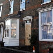 Boarded up house in St Augustine's Road, Wisbech, following drugs raid. Workmen turned up mid afternoon on January 4 after police had smashed their way into the property.