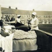 Patients beds on one of the hospital balconies.