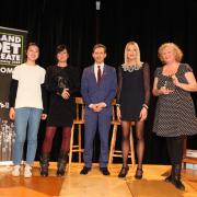 Outgoing Fenland Poet Laureate, judge and co-host Qu Gao, new 2024 Fenland Poet Laureate Hannah Teasdale, His Majesty’s Deputy Lieutenant of Cambridgeshire, Dan Schumann, Fenland Poet Laureate judge and co-host, Cllr Elisabeth Sennitt Clough, and