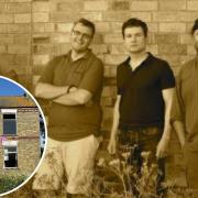 This pre-rehearsal photo of local band The Claimed was taken in June 2015 at the exact spot where the Jessica Rabbit mural (inset) has been painted on a derelict house near Whittlesey. Russell Wyatt (left), James Embleton, Edward Holland and Chris