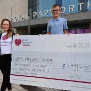 Austin presenting cheque to Eleanor Speed, Community Fundraiser at Royal Papworth Hospital.