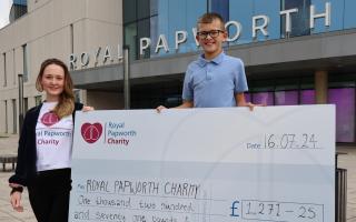 Austin presenting cheque to Eleanor Speed, Community Fundraiser at Royal Papworth Hospital.