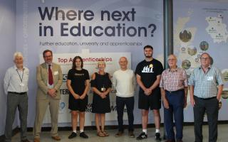 Representatives from MEF along with Millie and Charlie, and Kathryn Gribble, Neale-Wade Academy’s Sixth Form lead